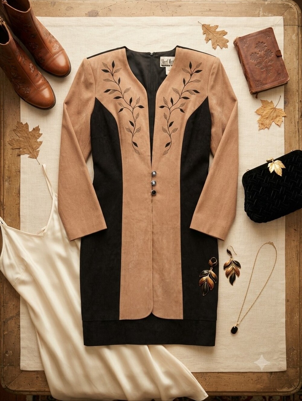 Vtg Sheri Martin Black Tan Embroidered Blazer Style Dress